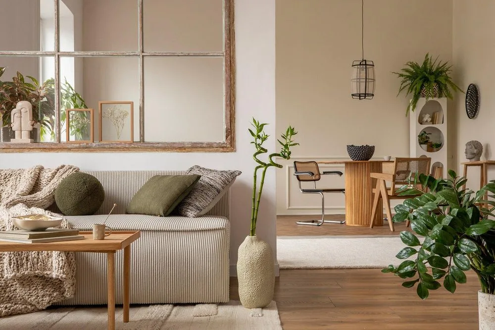 A styled living room collection with a soft neutral sofa and warm wood details